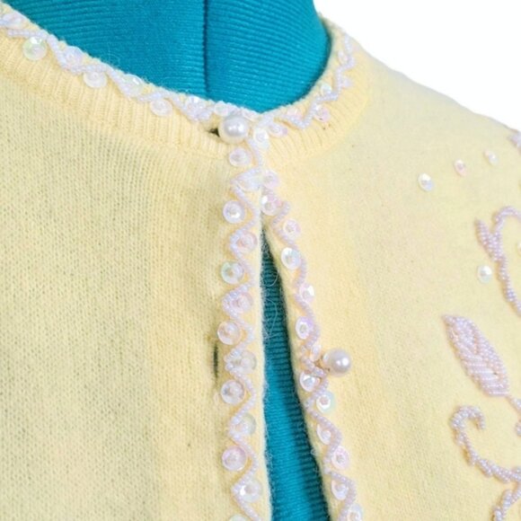 1950s Cashmere Cardigan Yellow Vintage Sweater Handmade British Crown Colony 60s - Picture 4 of 10